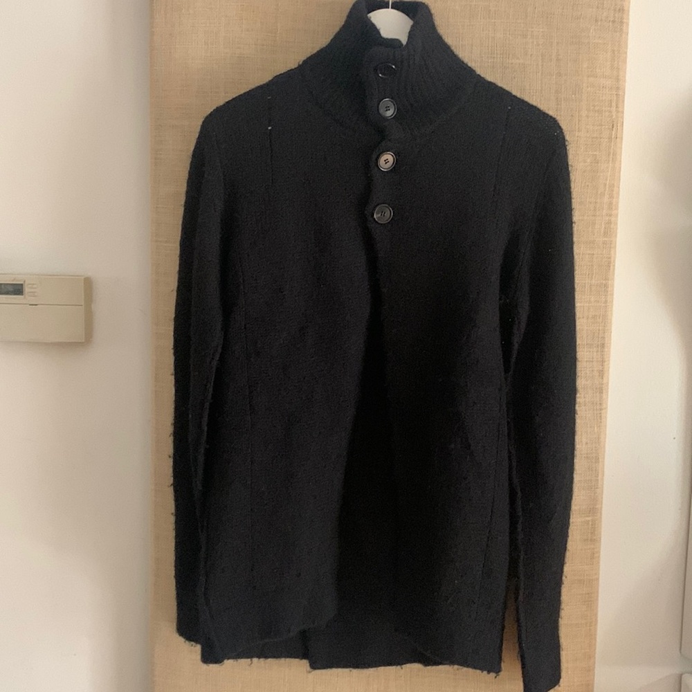 Ann Demeulemeester alpaca made in Belgium cut a way front, military back